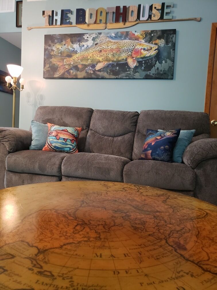 Fishing-themed decor in the living room